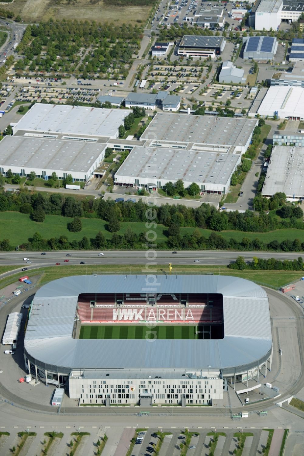 Aerial image Augsburg - WWK formerly SGL Arena stadium of the football club FC Augsburg in Bavaria, Germany