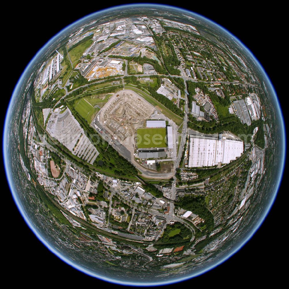 Aerial photograph Essen - Fish Eye - Blick auf die Baustelle zum Neubau des Rot- Weiss - Stadion in Essen am Gelände des alten Georg-Melches-Stadion. View the construction site to the new stadium in Essen at the site of the old George-Melches Stadium