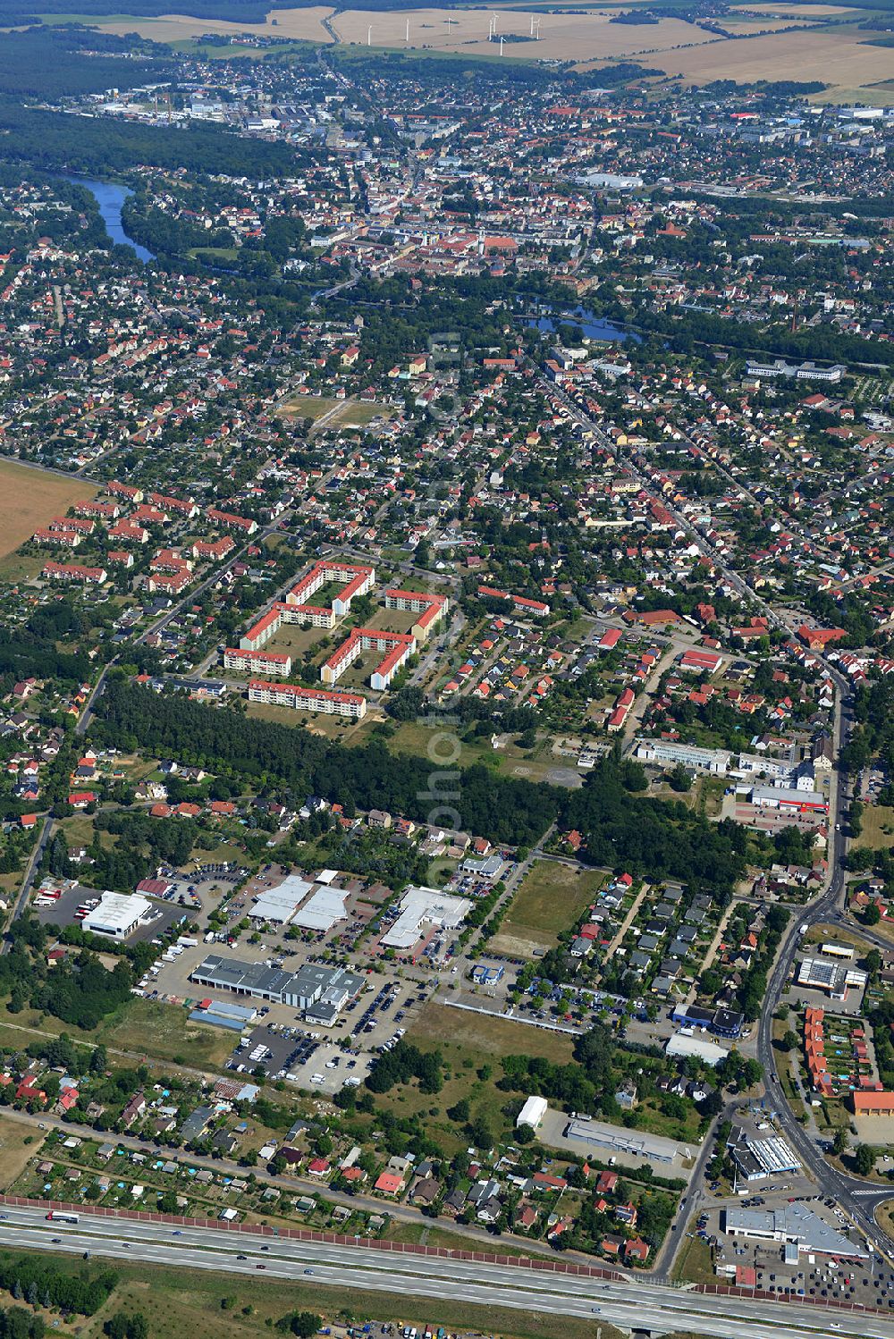 Fürstenwalde from above - Cityscape the cathedral city Fürstenwalde of the state Brandenburg. Among the three districts of middle, north and south