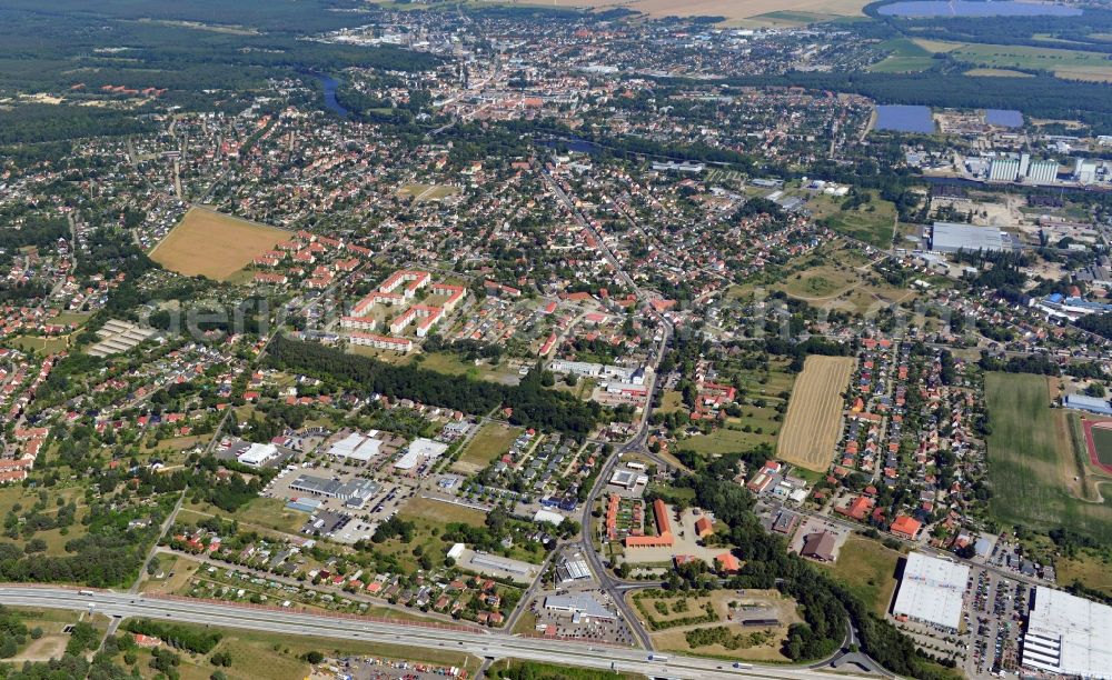 Fürstenwalde from the bird's eye view: Cityscape the cathedral city Fürstenwalde of the state Brandenburg. Among the three districts of middle, north and south