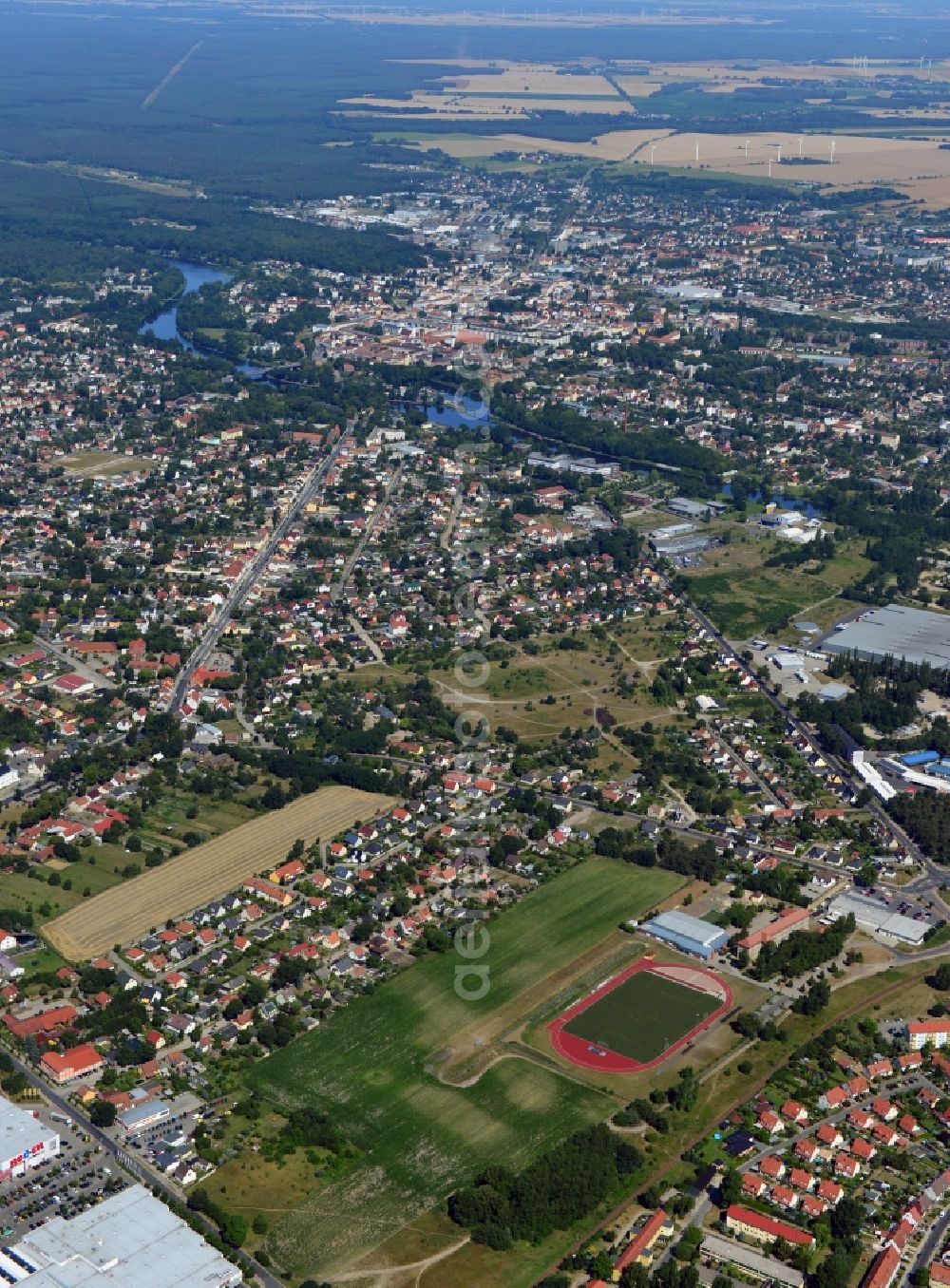 Aerial image Fürstenwalde - Cityscape the cathedral city Fürstenwalde of the state Brandenburg. Among the three districts of middle, north and south