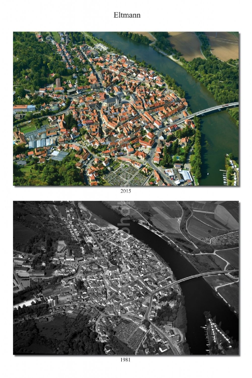 Eltmann from the bird's eye view: Village - View from 1981 and 2015 of the district Hassberge belonging municipality in Eltmann in the state Bavaria