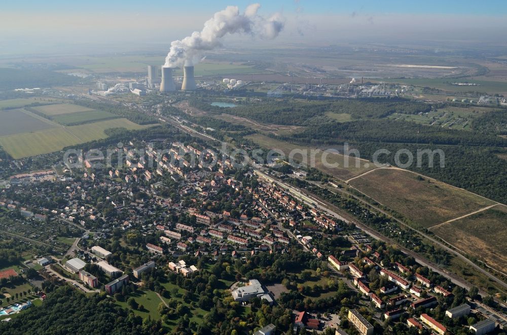 Aerial image Böhlen - View of the town Boehlen in the south area Leipzig in the state saxony. In the background the power station Lippendorf