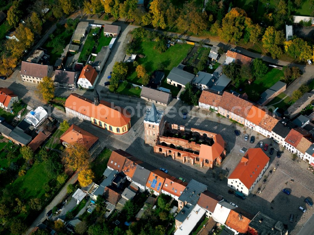 Aerial image Lieberose - The town church is a ruin since 1945. Each Glich the tower is still intact. The parish church dates to the 1594. Between 1948 and 1950 the church was rebuilt. It houses an inventory of the destroyed city church