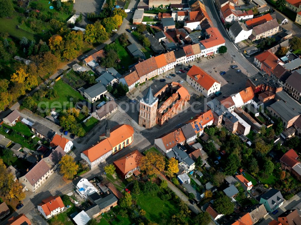 Aerial image Lieberose - The town church is a ruin since 1945. Each Glich the tower is still intact. The parish church dates to the 1594. Between 1948 and 1950 the church was rebuilt. It houses an inventory of the destroyed city church