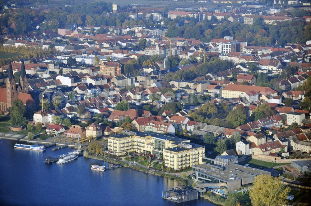 Aerial image Neuruppin - Blick vom Ruppiner See auf die Stadt Neuruppin mit dem Seehotel Fontane. View from the Ruppiner See to the city of Neruppin with the Seeholtel Fontane.