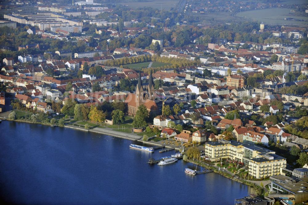 Neuruppin from above - Blick vom Ruppiner See auf die Stadt Neuruppin mit dem Seehotel Fontane und der Klosterkirche St. Trinitatis. View from the Ruppiner See to the city of Neruppin with the Seeholtel Fontane and the abbey church St.Trinitatis .