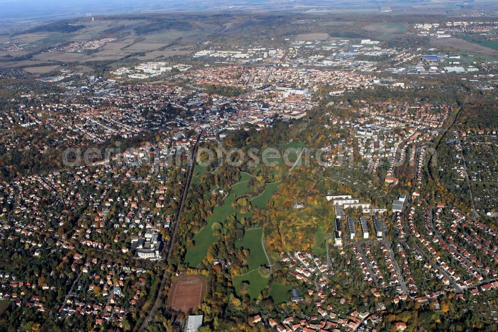 Weimar from the bird's eye view: View over the city of Weimar with autumn-colored trees in Ilm park in Thuringia