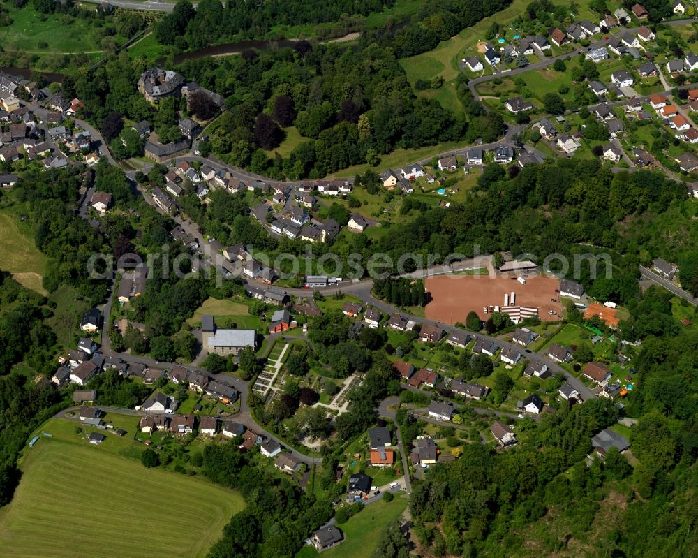 Wissen from the bird's eye view: City view of Wissen in Rhineland-Palatinate. In the background the Schoenstein castle is visible