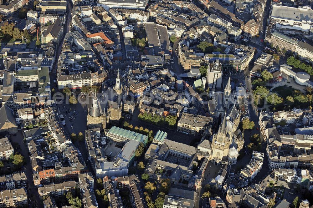 Aachen from above - Blick auf das Stadtzentrum von Aachen mit dem Dom, dem Marktplatz und dem Rathaus. View of the city center of Aachen with the cathedral, the town square and the town hall.