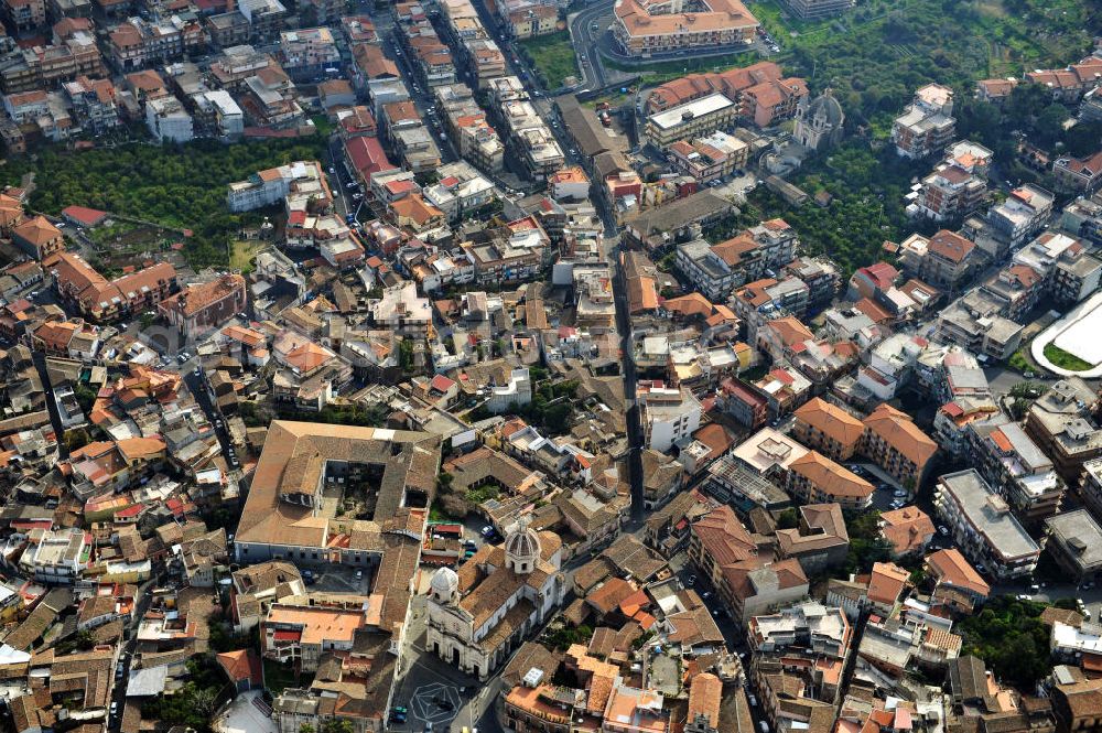 Aci Catena from the bird's eye view: City centre of Aci Catena with the church Chiesa Parrocchia Matrice on Sicily in Italien