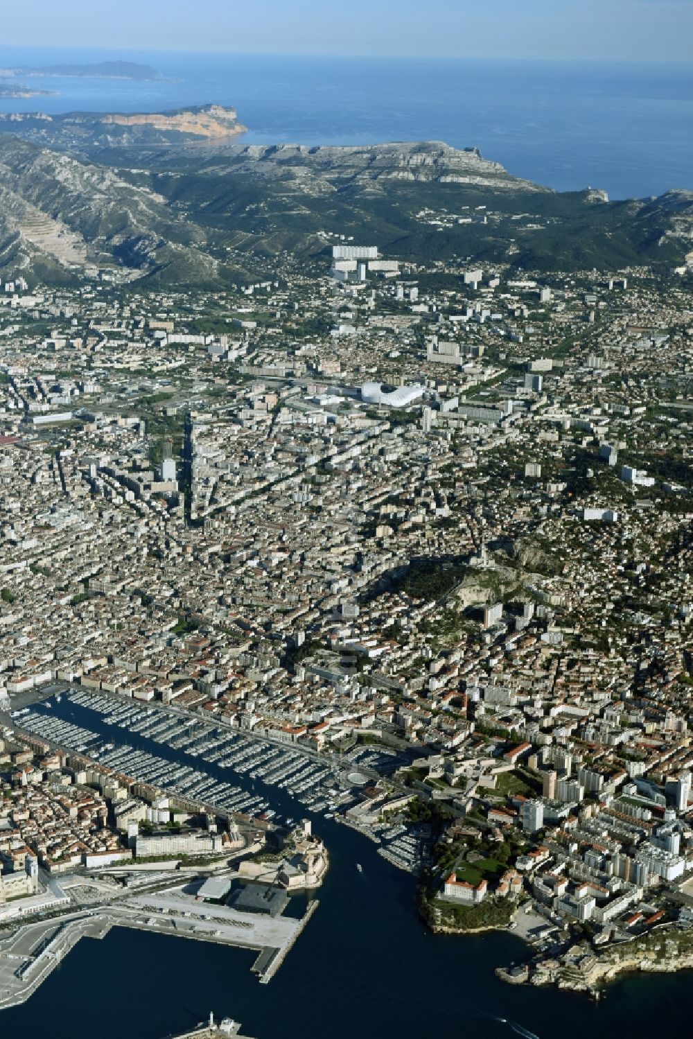 Marseille from above - Cityscape with the Old Port / Vieux Port of Marseille in the Provence-Alpes-Cote d'Azur, France