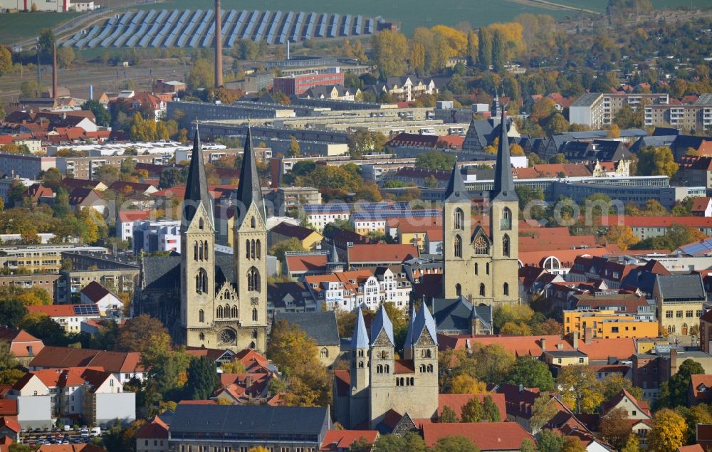 Halberstadt from above - Cityscape onto the old city of Halberstadt in the state Saxony-Anhalt. Catch sight of the Halberstadt Cathedral, the Church of Our Lady of Halberstadt and the Martini Church