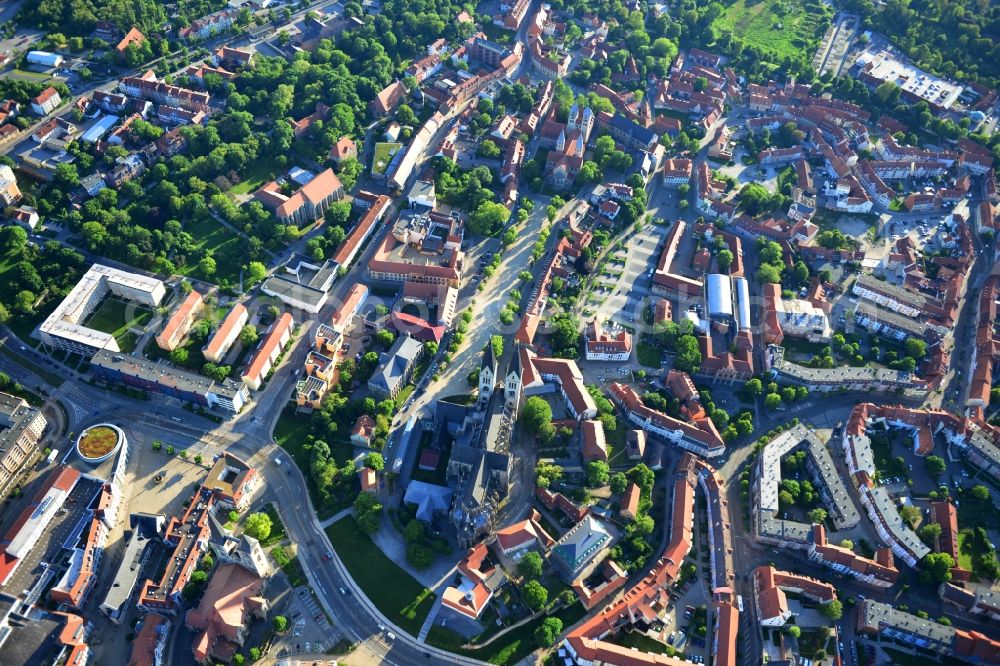 Halberstadt from above - Cityscape onto the old city of Halberstadt in the state Saxony-Anhalt. Catch sight of the Halberstadt Cathedral, the Church of Our Lady of Halberstadt and the Martini Church