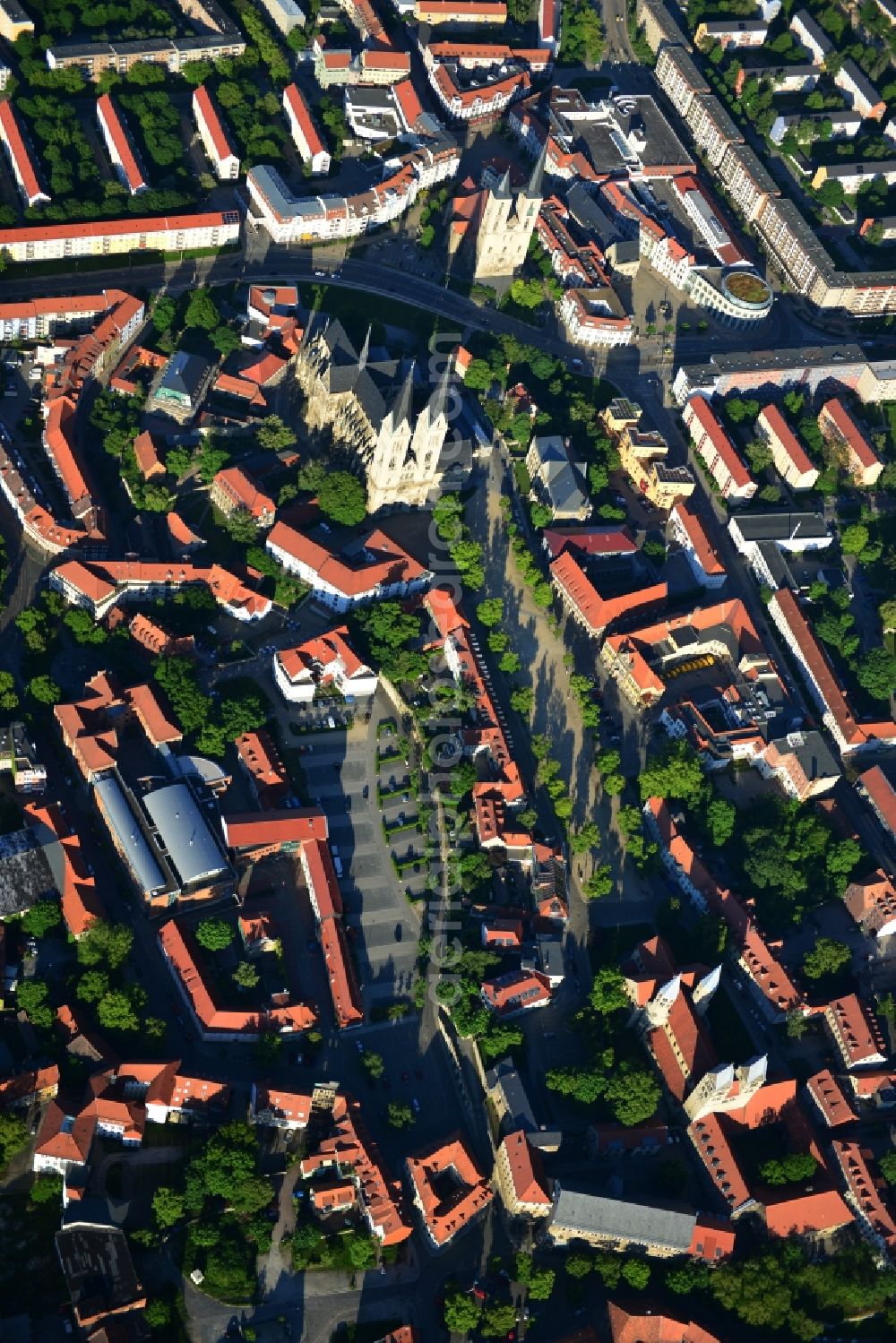 Halberstadt from above - Cityscape onto the old city of Halberstadt in the state Saxony-Anhalt. Catch sight of the Halberstadt Cathedral, the Church of Our Lady of Halberstadt and the Martini Church