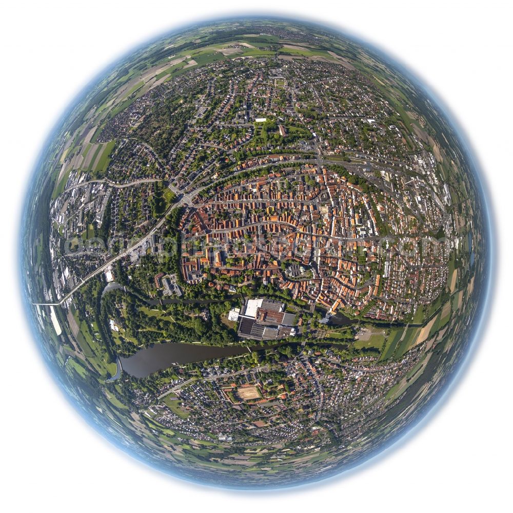 Warendorf from the bird's eye view: Fisheye - City view with the old town and city center at the center in Warendorf in North Rhine-Westphalia