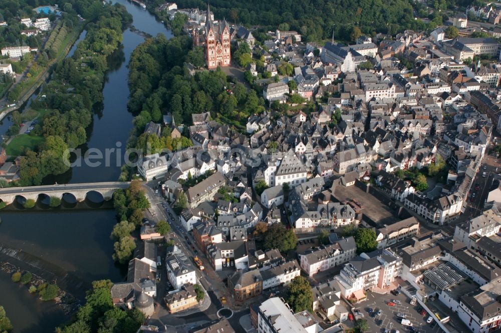 Aerial image Limburg an der Lahn - View of the historic town centre of Limburg on the river Lahn in the state of Hesse. Limburg Cathedral - built from 948 - is standing with its distinct colour and twin towers on the riverbank of the Lahn. The old Lahn bridge connects the two parts of Limburg