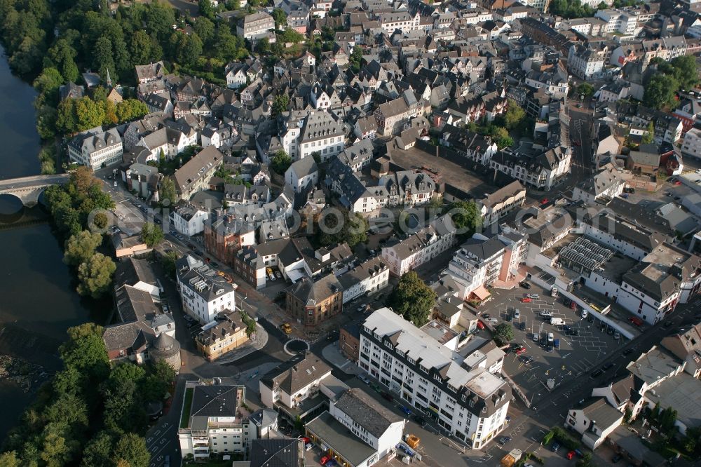 Limburg an der Lahn from above - View of the historic town centre of Limburg on the river Lahn in the state of Hesse. The old Lahn bridge connects the two parts of Limburg