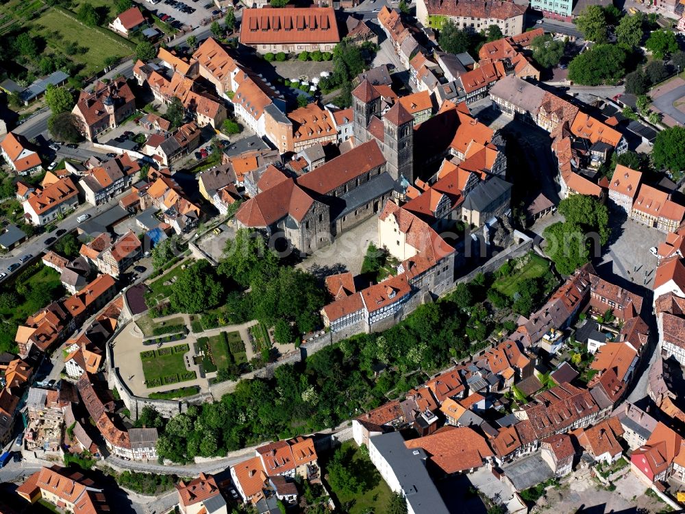 Quedlinburg from above - Townscape of the historic town centre of Quedlinburg in the state of Saxony-Anhalt. The historic buildings are located in the South of the town centre which has been named an UNESCO world heritage site in 1994 and therefore is one of the largest heritage sites in Germany