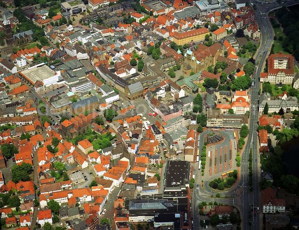 Aerial image Minden - City view of the historic center of Minden. In the center of the image the town hall from the 13th Century, the oldest Westphalian town hall