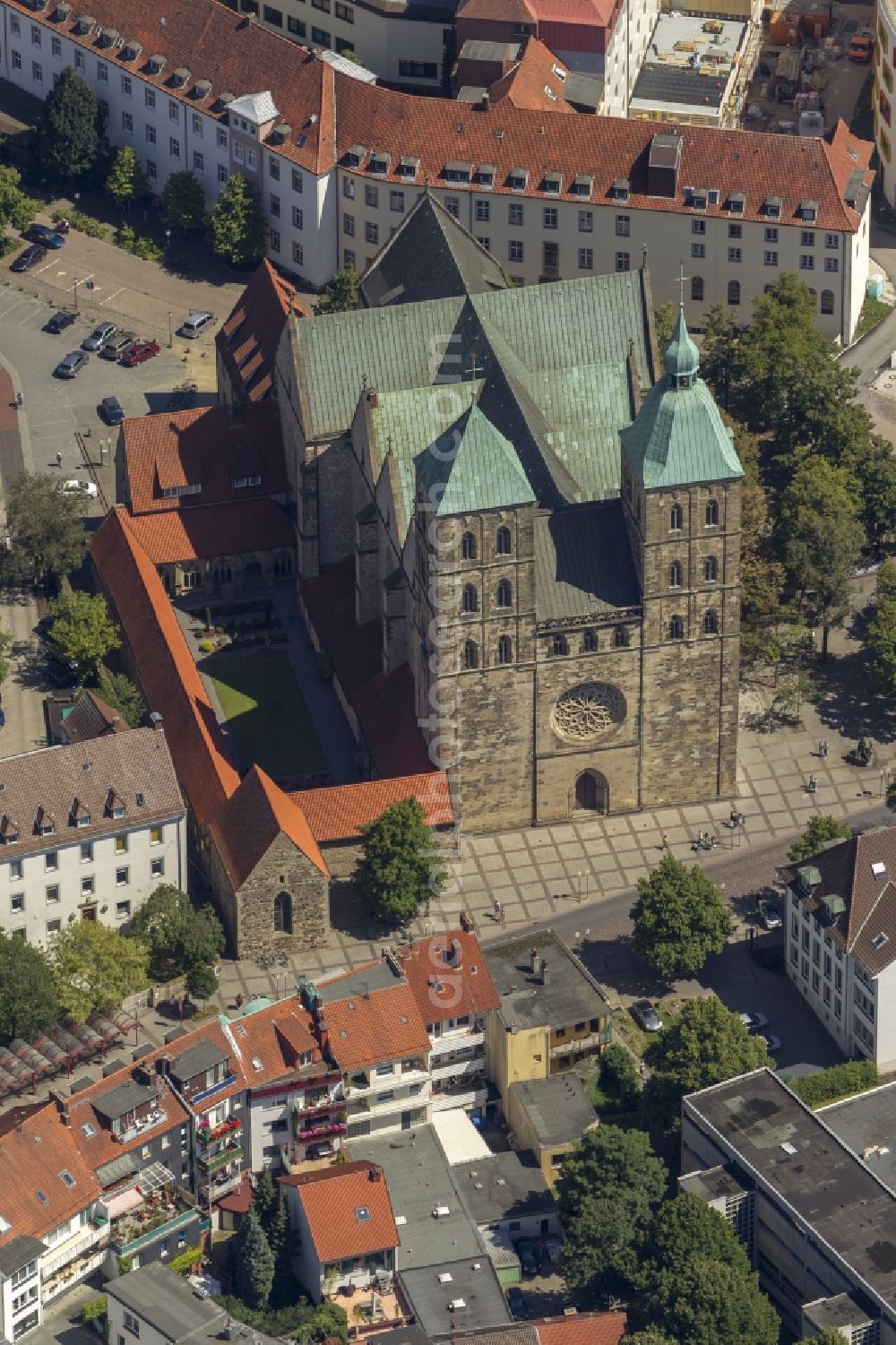 Osnabrück from above - City view from the old town center with the St. Peter's Cathedral on Cathedral Square Osnabrück in Lower Saxony