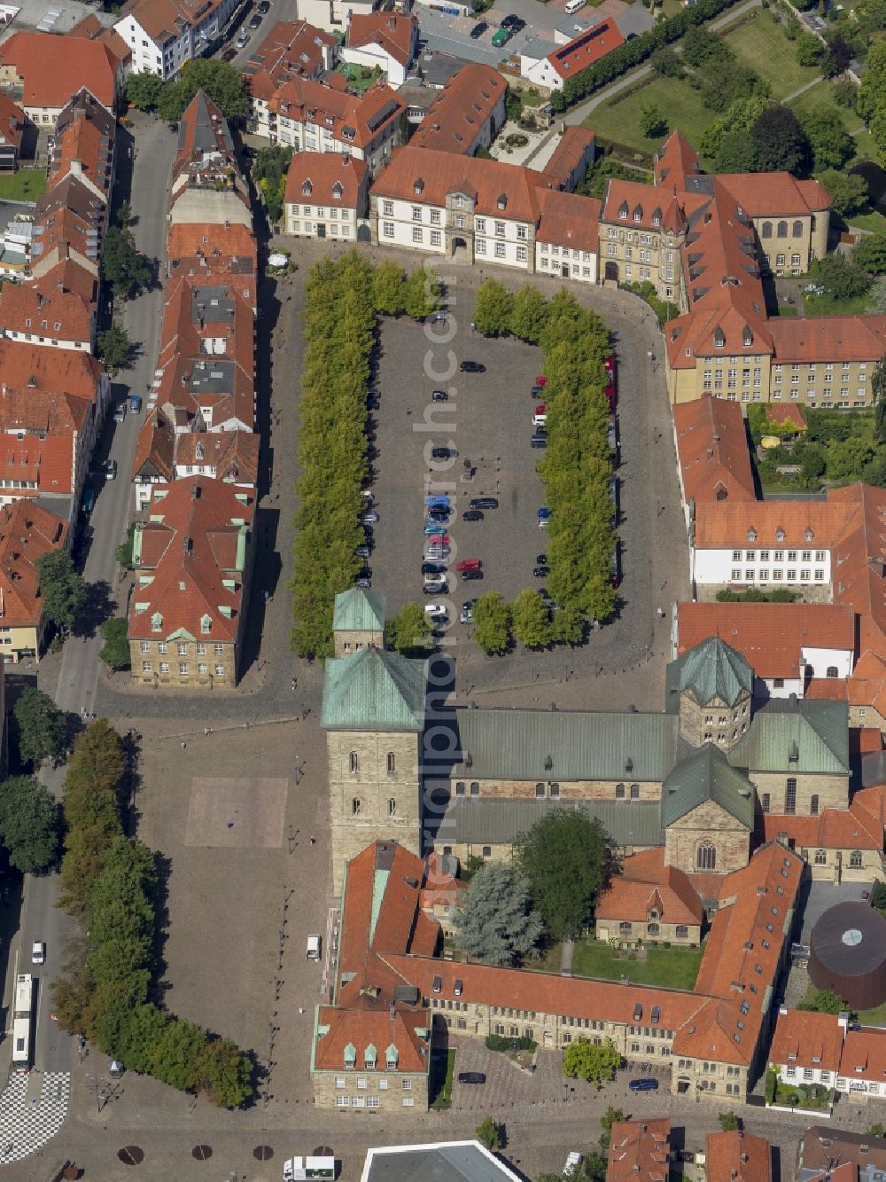 Osnabrück from above - City view from the old town center with the St. Peter's Cathedral on Cathedral Square Osnabrück in Lower Saxony