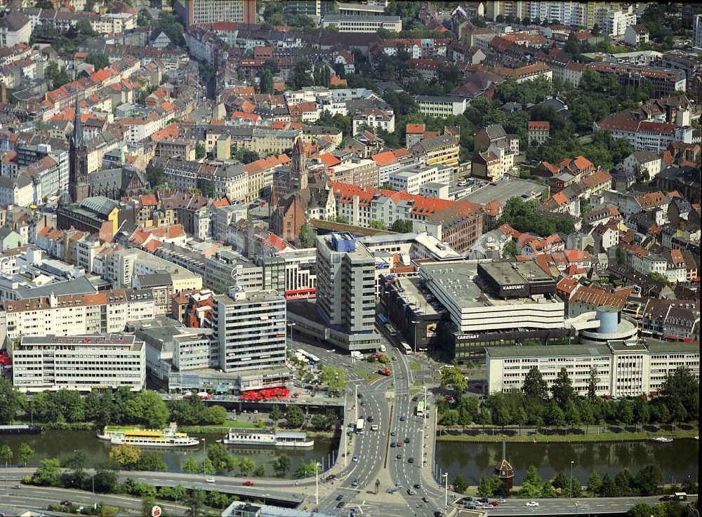 Saarbrücken from above - Stadtansicht auf das Altstadtzentrum von Saarbrücken im Bereich des Saarufers entlang der Autobahn 620 / E29. City View at the old town of Saarbrücken in the Saarland region of the shore along the Highway 620 / E29.