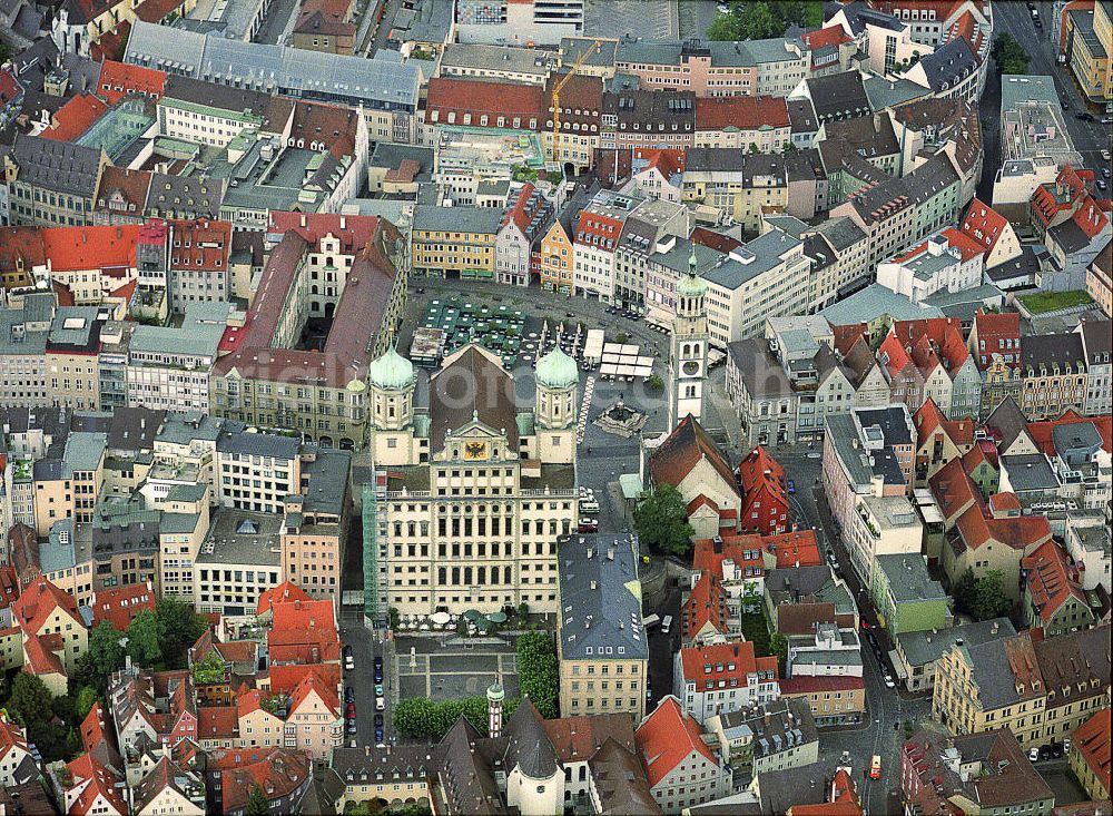 Aerial image Augsburg - Stadtansicht von Augsburg in Bayern. Mittelpunkt dieser Stadt ist das Renaissance-Rathaus, erbaut 1615 - 1620. Daneben bietet der 78 Meter hohe Perlachturm vom Turm einen herrlichen Rundblick.