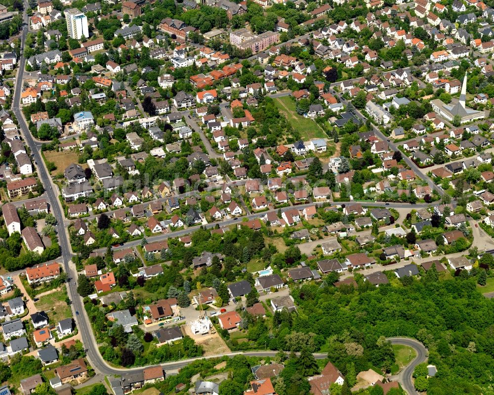 Bad Kreuznach from above - View of Bad Kreuznach in the state of Rhineland-Palatinate. Bad Kreuznach is a spa town and county capital and is located on the rivers Nahe and Ellerbach. Apart from historic buildings and parts of the town, there are also several residential areas with multi-family homes and estates