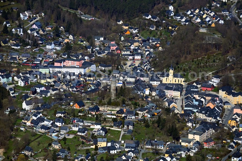 Bad Lobenstein from above - City area with outside districts and inner city area in Bad Lobenstein in the state Thuringia, Germany