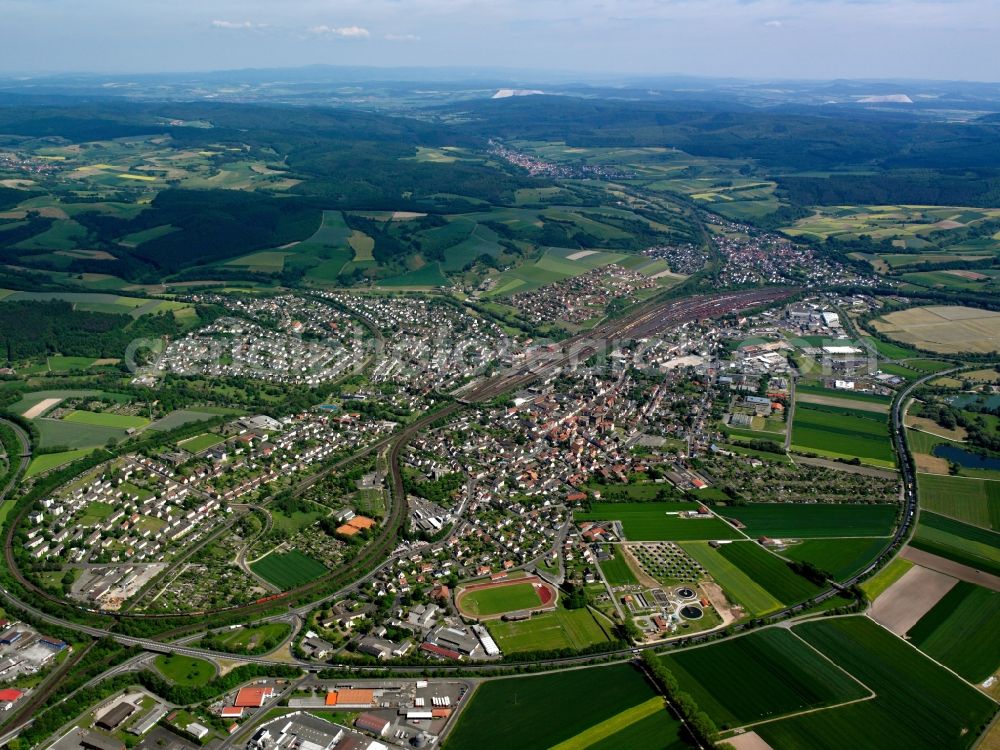 Aerial image Bebra - View of the town of Bebra and its train station in the state of Hesse. Bebra is a historic and classic railway town, with a huge train station, including a switch and marshalling yard. The station was opened in 1848 and is an important traffic junction of the rail network