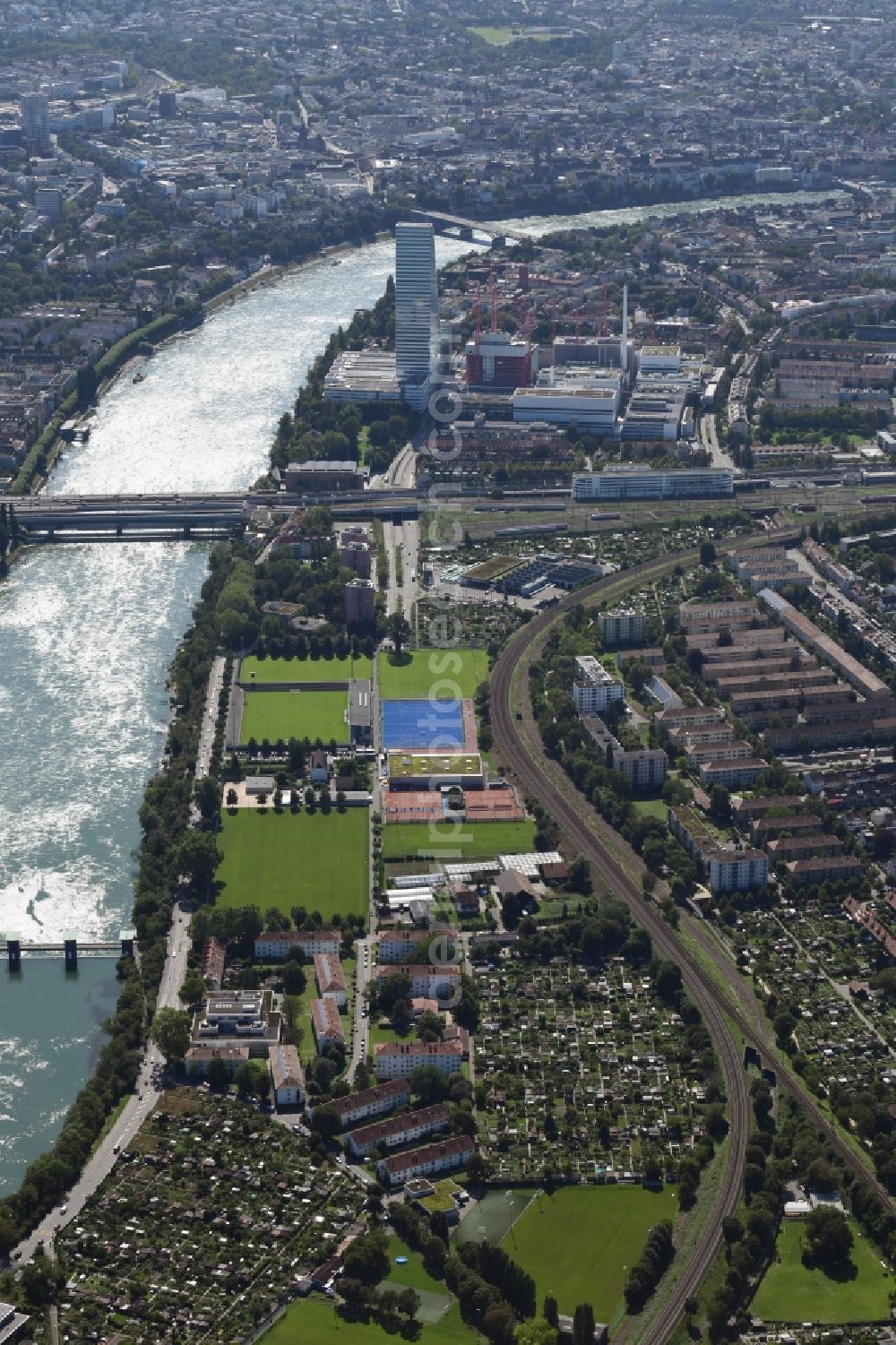 Aerial image Basel - District Basle East with sports grounds Rankhof at the river Rhine in the district Hirzbrunnen in Basel, Switzerland