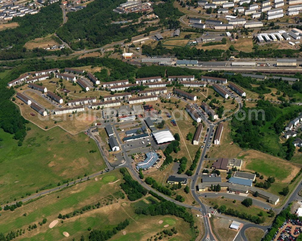 Baumholder from above - View of the town of Baumholder in the state of Rhineland-Palatinate. Baumholder is located in the Westrich region and is an offical tourist resort. Baumholder is an important military base of the US-Army and other NATO-members. The Southwest of the town consists of an industrial site with different companies