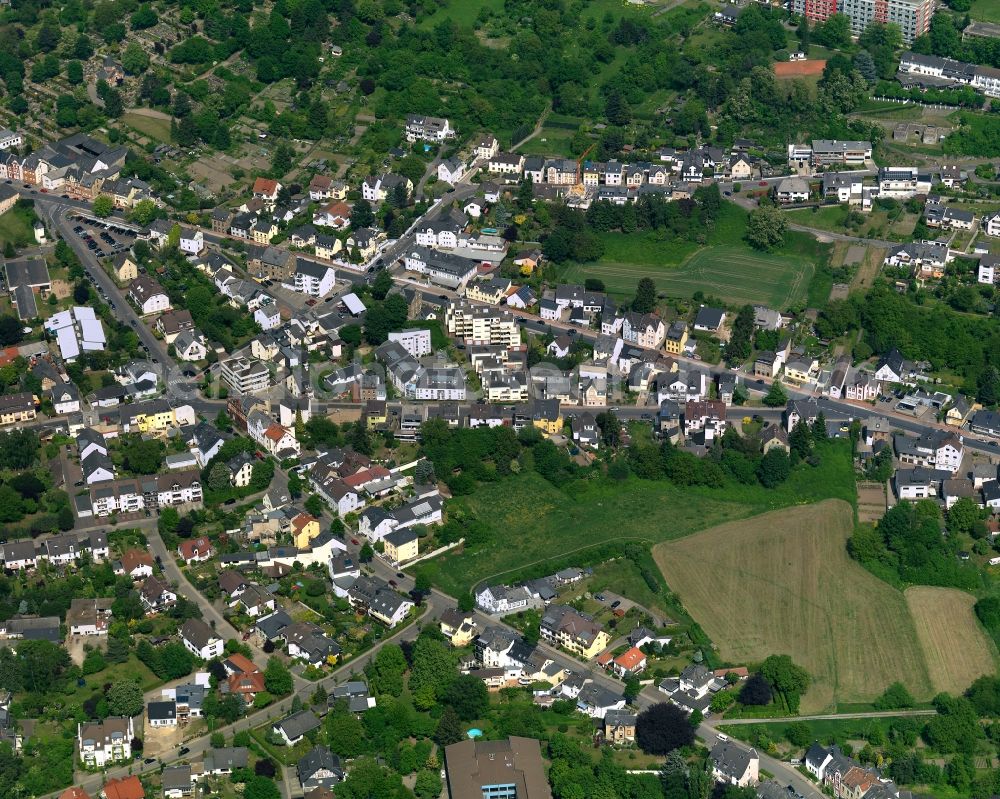 Bendorf from above - View of the town of Bendorf in the state of Rhineland-Palatinate. The town is located in the county district of Mayen-Koblenz on the right riverbank of the river Rhine. The town is an official tourist resort and is located on the German Limes Road. It consists of the four parts Bendorf, Sayn, Muelhofen and Stromberg. The federal highway B42 takes its course through the town and meets the federal motorway A48 in the South of the town