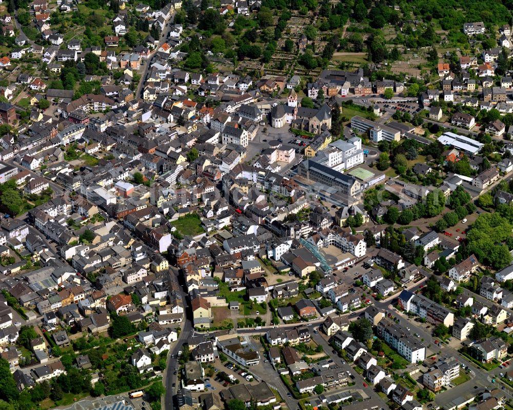 Bendorf from above - View of the town of Bendorf in the state of Rhineland-Palatinate. The town is located in the county district of Mayen-Koblenz on the right riverbank of the river Rhine. The town is an official tourist resort and is located on the German Limes Road. It consists of the four parts Bendorf, Sayn, Muelhofen and Stromberg. The federal highway B42 takes its course through the town and meets the federal motorway A48 in the South of the town