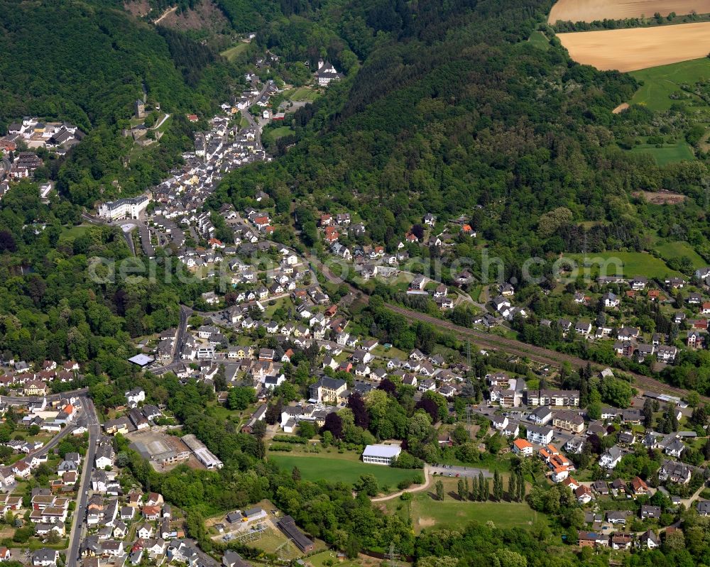 Aerial image Bendorf - View of the town of Bendorf in the state of Rhineland-Palatinate. The town is located in the county district of Mayen-Koblenz on the right riverbank of the river Rhine. The town is an official tourist resort and is located on the German Limes Road. It consists of the four parts Bendorf, Sayn, Muelhofen and Stromberg. The federal highway B42 takes its course through the town and meets the federal motorway A48 in the South of the town