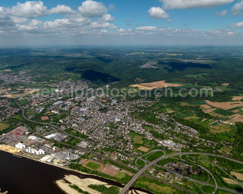 Bendorf from above - Cityscape of Bendorf on the river course of the Rhine in the State of Rhineland-Palatinate