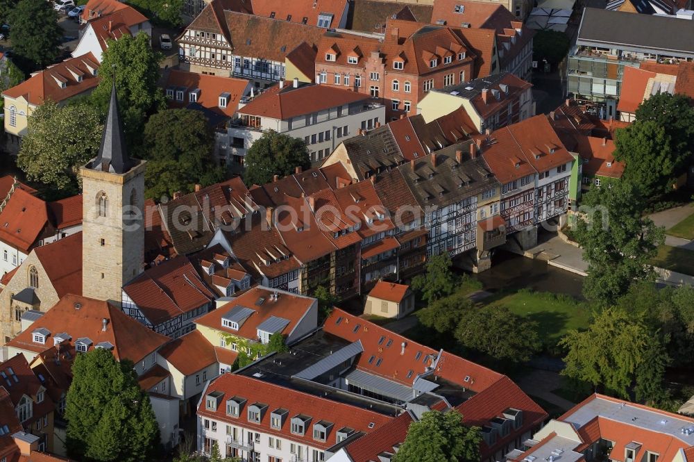 Erfurt from above - Cityscape over the houses on Wnigemarkt with the church Aegidienkirche in Erfurt in Thuringia