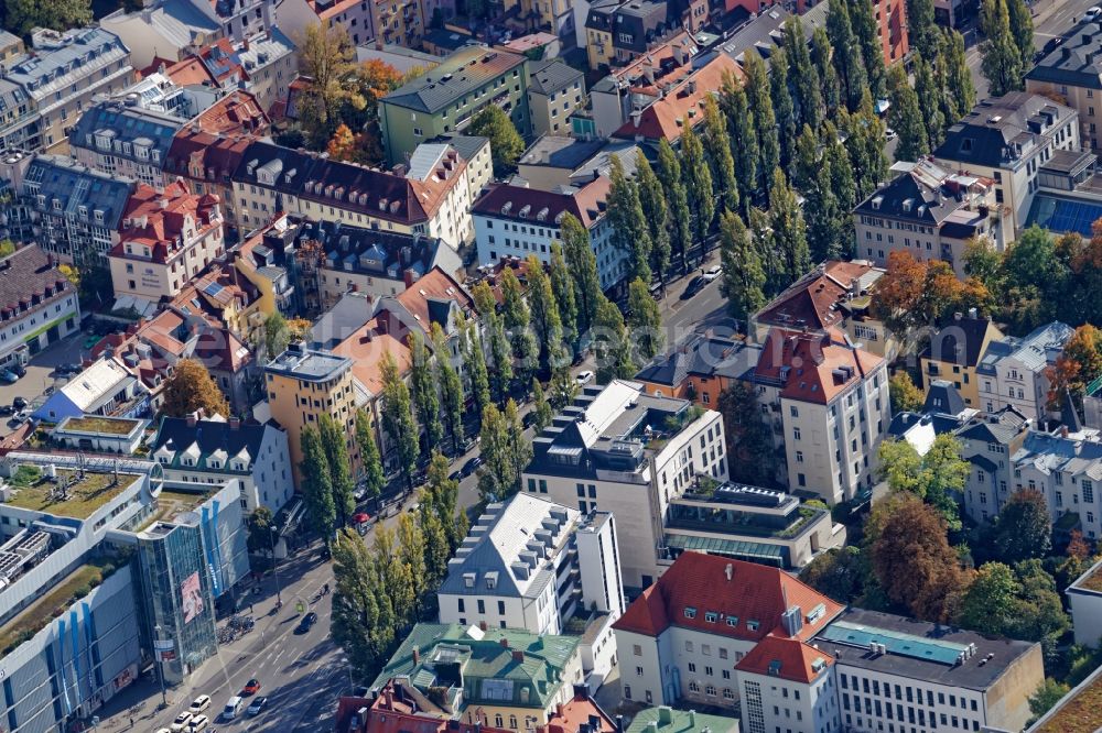 München from above - City view of the area around Muenchner Freiheit in the district of Schwabing in Munich in the state of Bavaria. The place at the intersection Leopoldstrasse and Feilitzschstrasse with tram and bus stop was formerly known as Feilitzschplatz