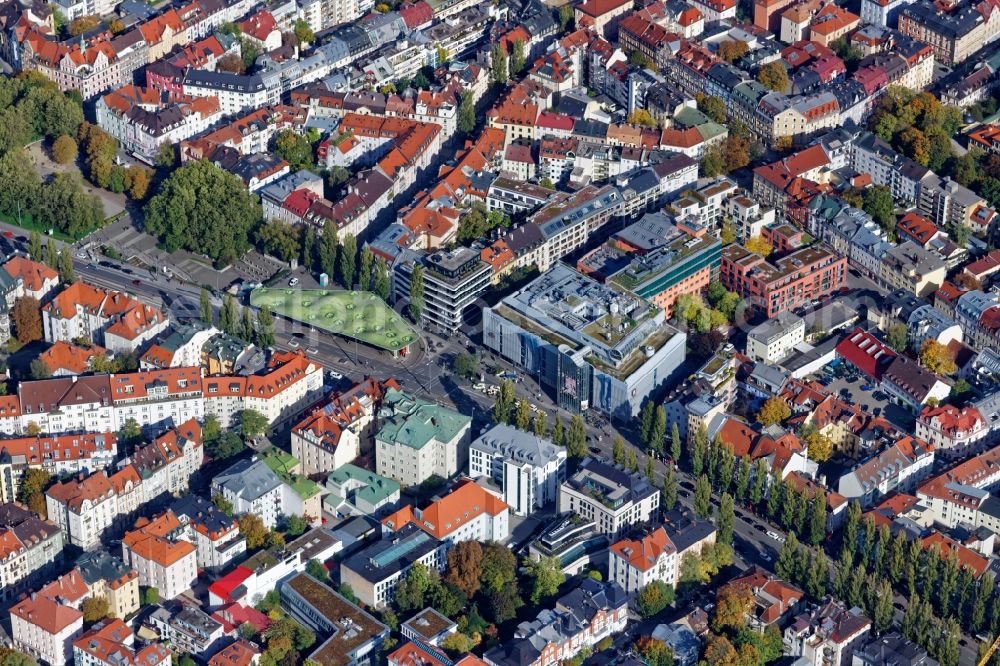 München from above - City view of the area around Muenchner Freiheit in the district of Schwabing in Munich in the state of Bavaria. The place at the intersection Leopoldstrasse and Feilitzschstrasse with tram and bus stop was formerly known as Feilitzschplatz