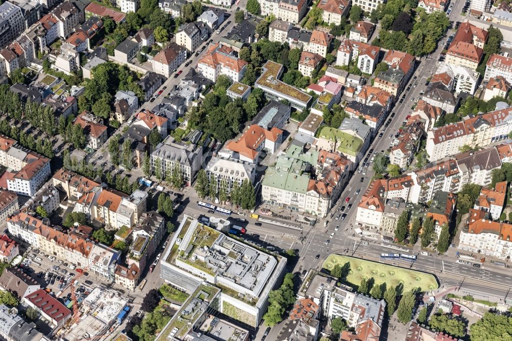 München from above - City view of the area around Muenchner Freiheit in the district of Schwabing in Munich in the state of Bavaria. The place at the intersection Leopoldstrasse and Feilitzschstrasse with tram and bus stop was formerly known as Feilitzschplatz