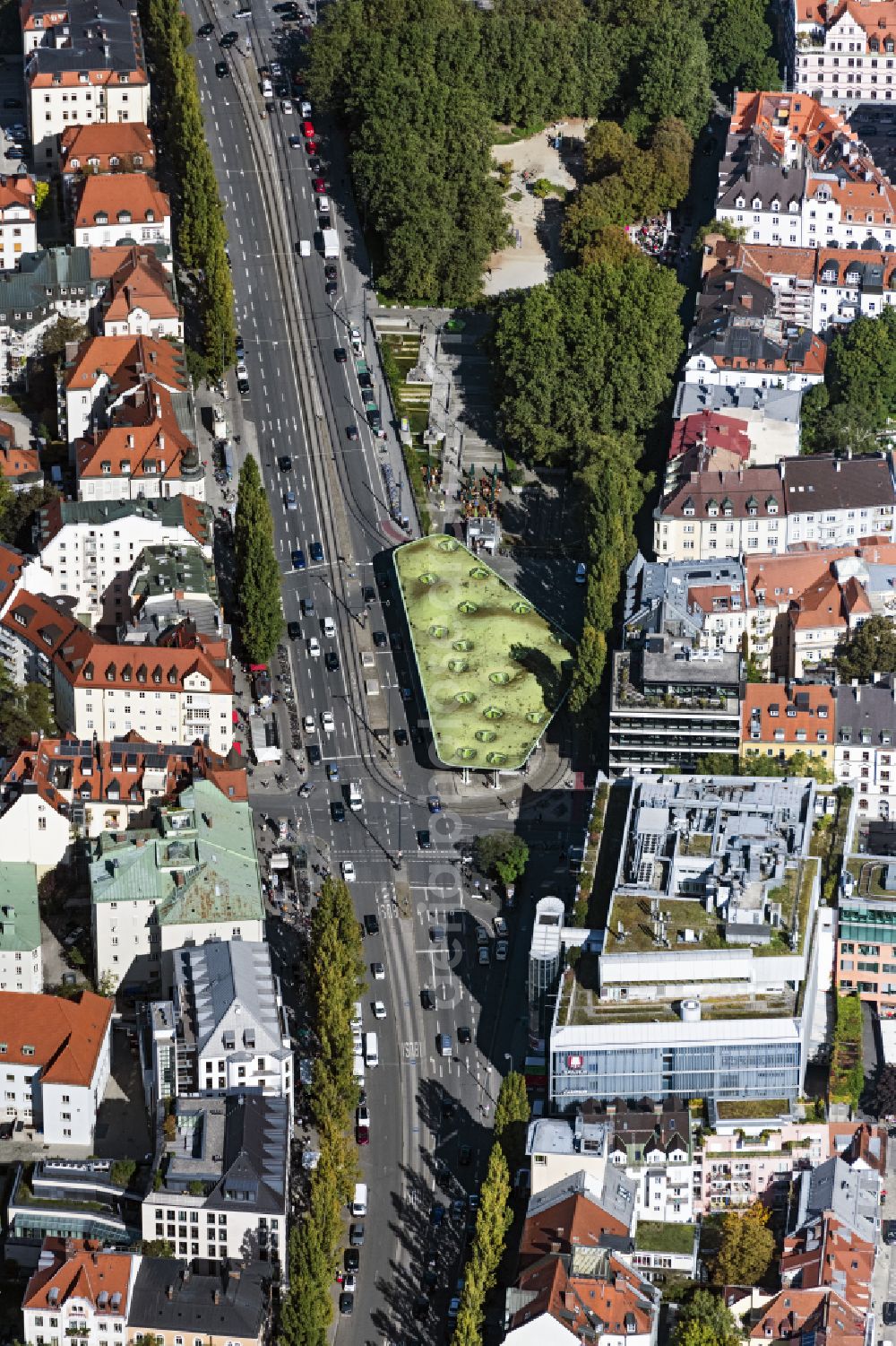 München from above - City view of the area around Muenchner Freiheit in the district of Schwabing in Munich in the state of Bavaria. The place at the intersection Leopoldstrasse and Feilitzschstrasse with tram and bus stop was formerly known as Feilitzschplatz