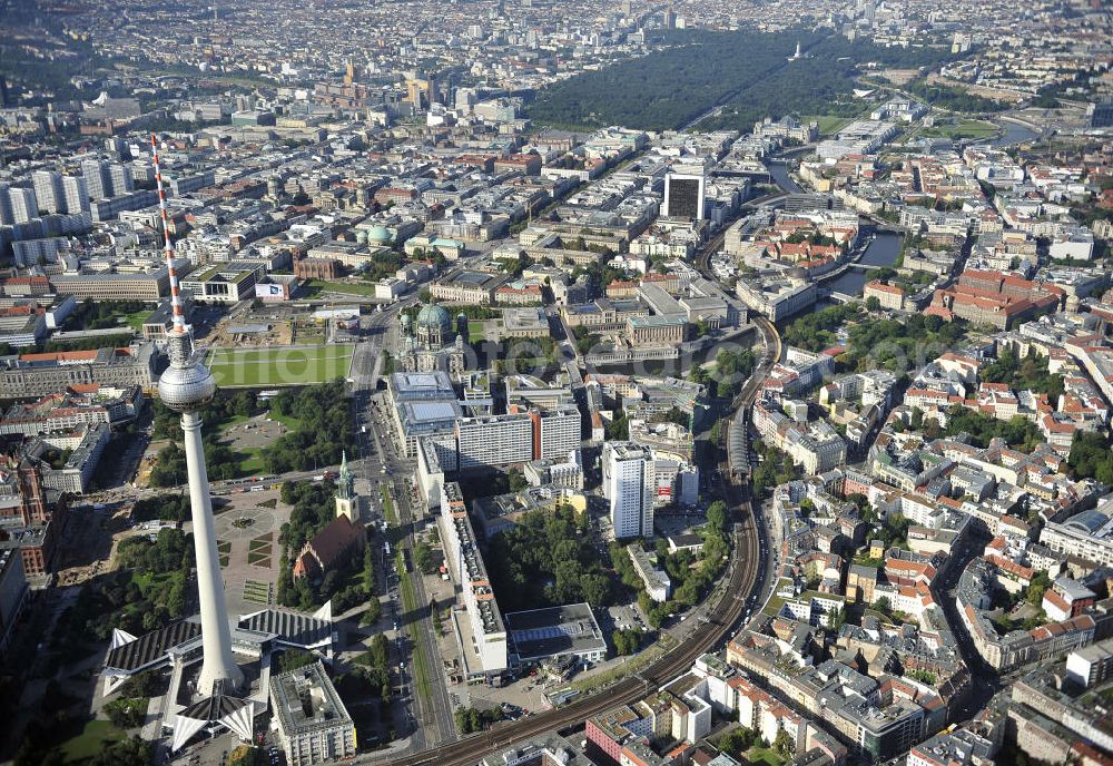 Berlin from above - Stadtansicht vom Stadtzentrum Ost am Alexanderplatz mit dem Berliner Fernsehturm. City View from the city center at Alexanderplatz with the TV tower.