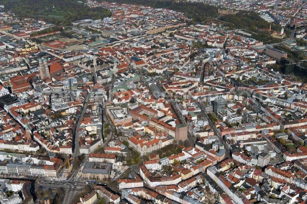 München from the bird's eye view: Downtown area with a view of the old town in the urban area in the district Altstadt in Munich in the state Bavaria, Germany