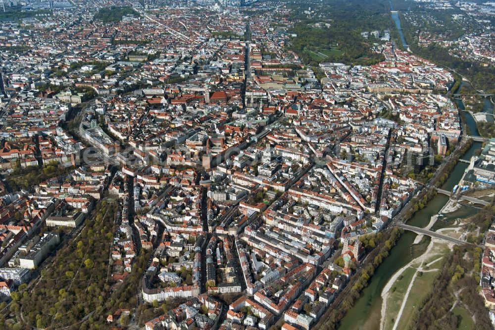 München from the bird's eye view: Downtown area with a view of the old town in the urban area in the district Altstadt in Munich in the state Bavaria, Germany