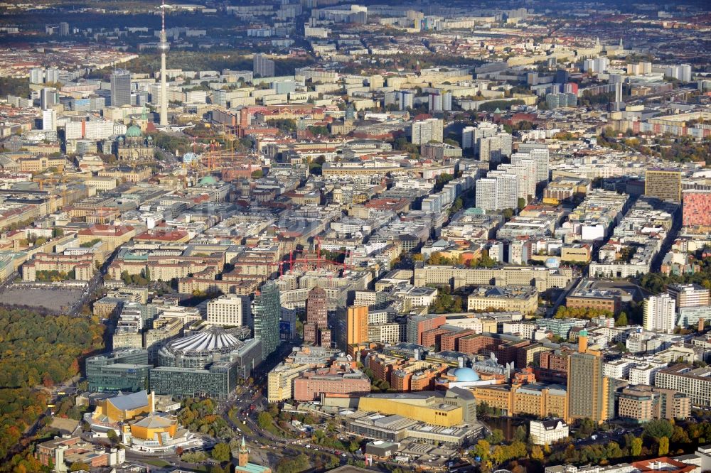 Aerial image Berlin - Cityscape overlooking Potsdamer Platz with a view of residential and commercial buildings, skyscrapers and constrcution work along Leipziger Strasse in the Mitte district of Berlin