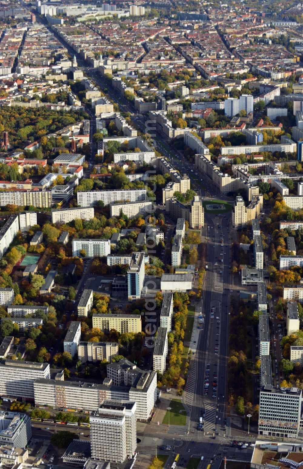 Aerial image Berlin - Cityscape overlooking the district of Friedrichshain along Karl Marx Allee and Strausberger Platz with a view of skyscrapers at Frankfurter Allee in Berlin