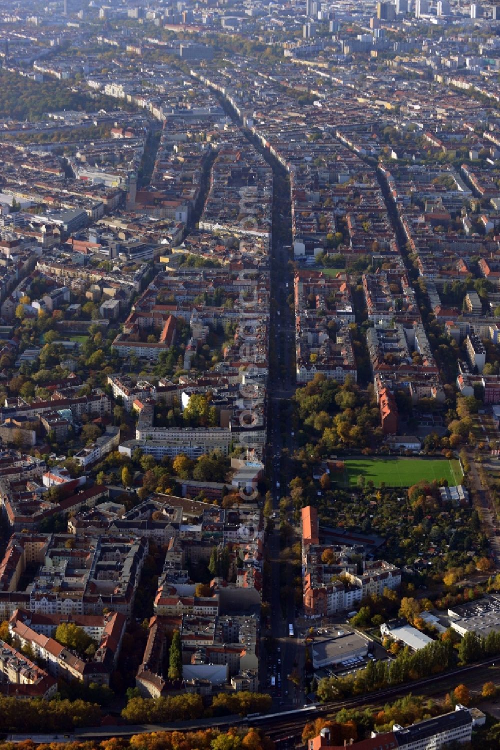 Berlin from the bird's eye view: Cityscape overlooking the district of Neukoelln along Sonnenallee and Karl Marx Strasse in Berlin