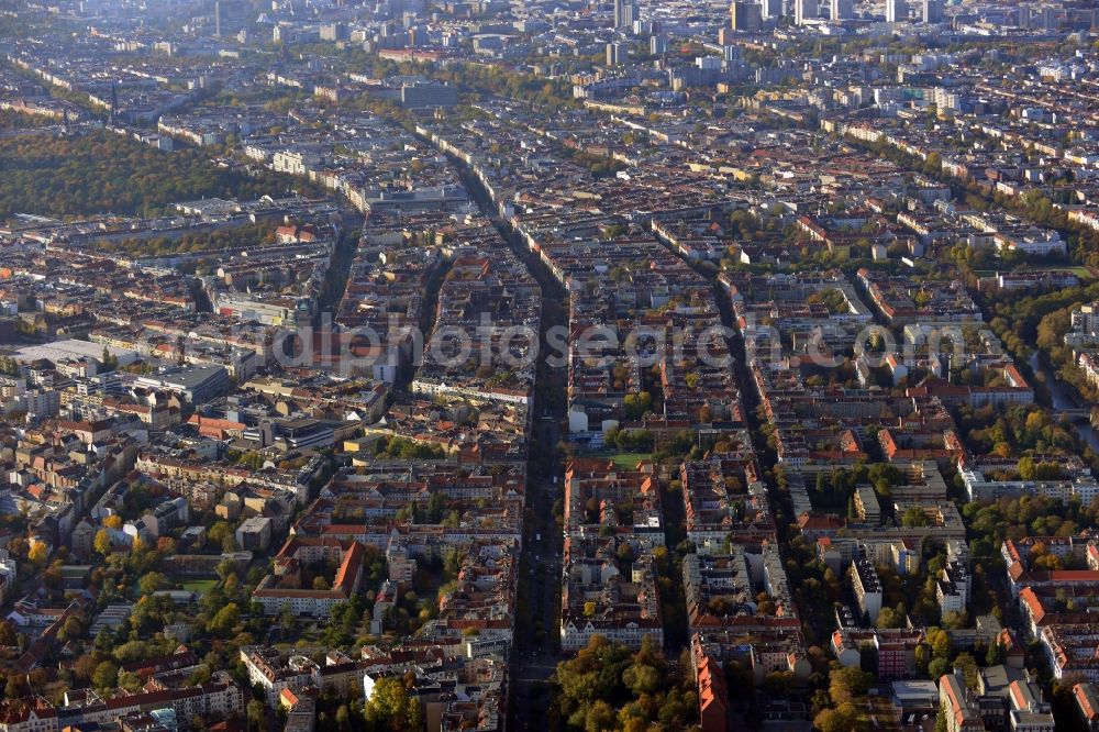 Aerial image Berlin - Cityscape overlooking the district of Neukoelln along Sonnenallee and Karl Marx Strasse in Berlin