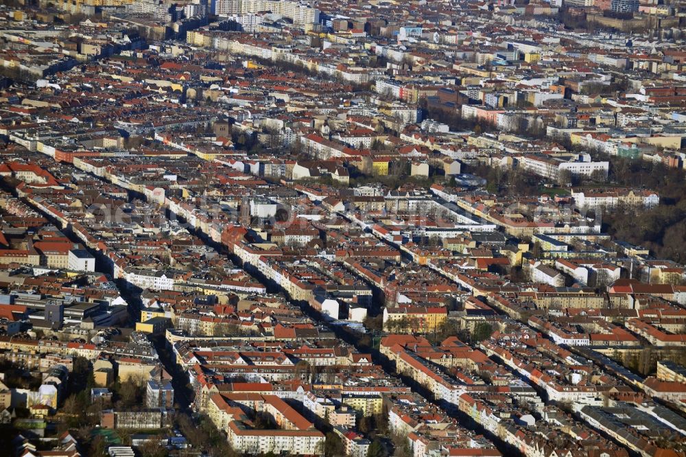 Berlin from above - Cityscape overlooking the district of Neukoelln along Sonnenallee and Karl Marx Strasse in Berlin